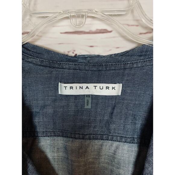 TRINA TURK Women's XS Extra Small Blue Denim Lyocell Linen Short Sleeve Dress - Picture 5 of 11
